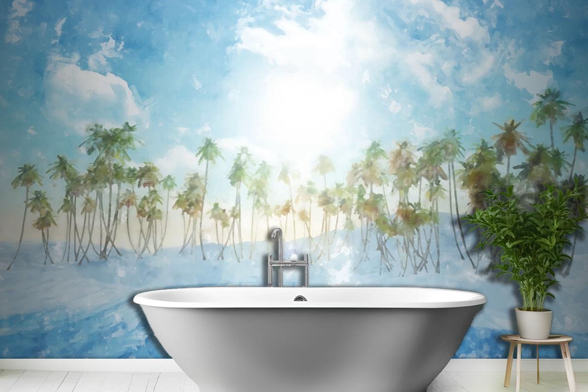 Watercolor Summer Tropical Background Bathroom Wallpaper Mural