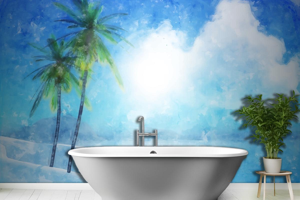 Watercolor Summer Tropical Bathroom Wallpaper Mural