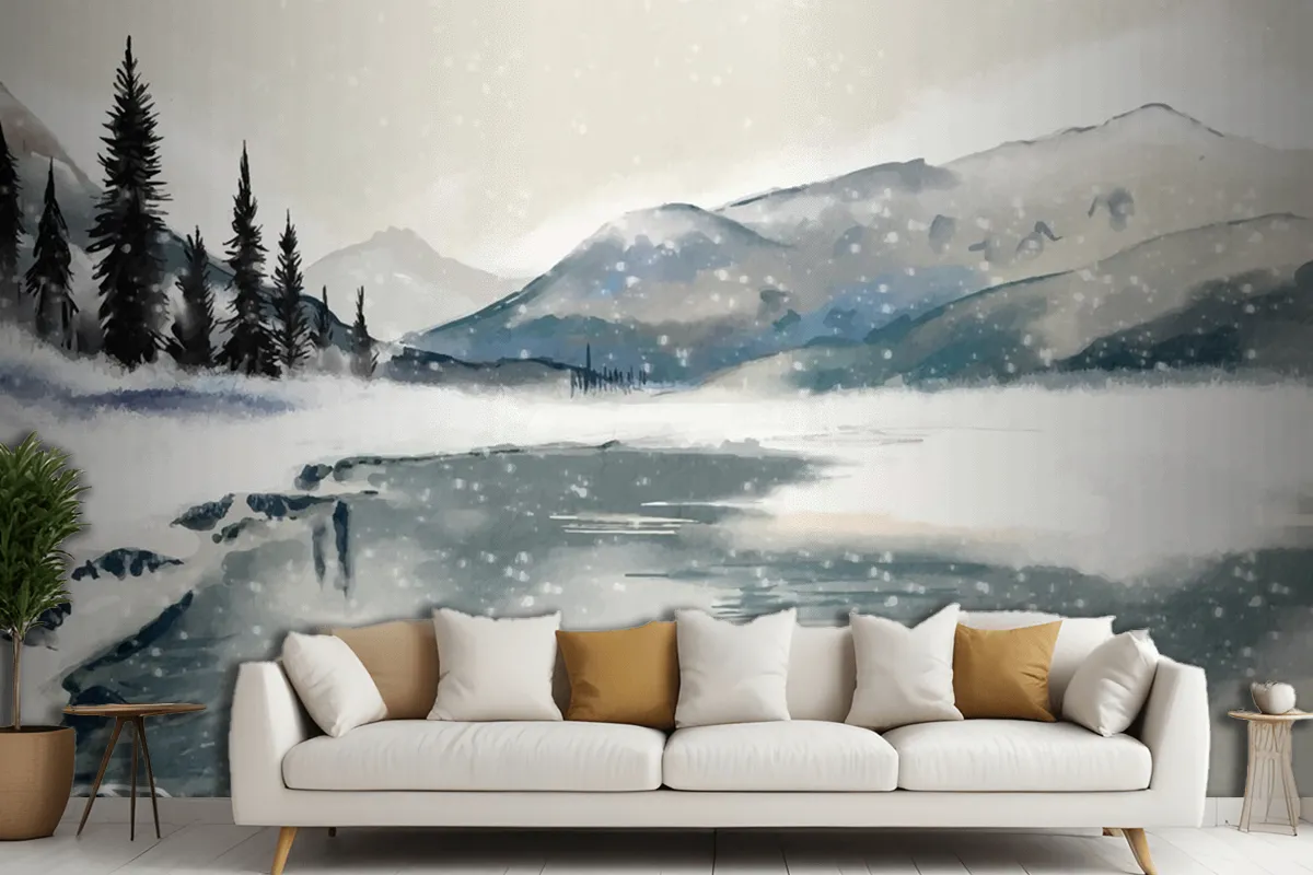 Watercolor Winter Landscape Living Room Wallpaper Mural