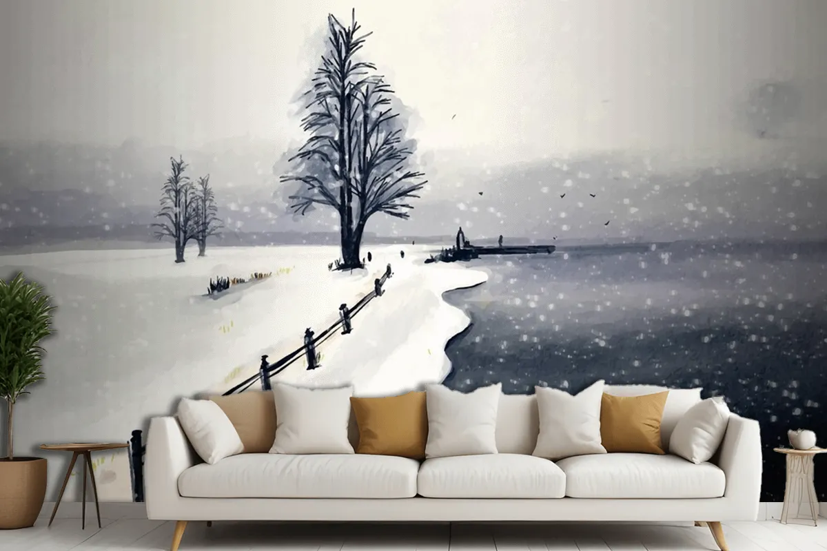 Watercolor Winter Landscape Wallpaper Mural