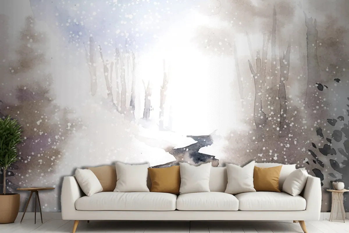 Winter Wonderland Landscape Painted By Watercolor Living Room Wallpaper Mural