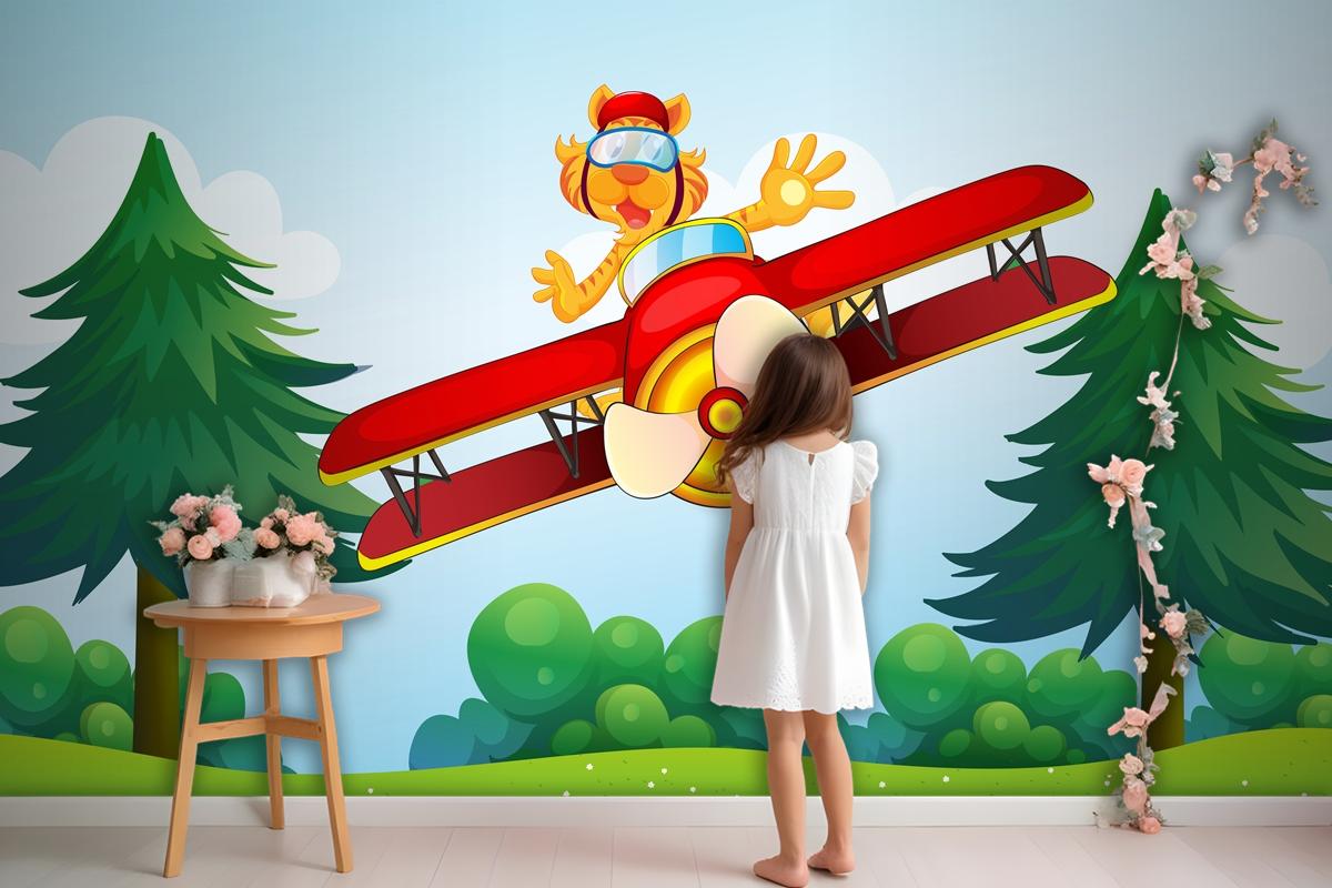 A Boastful Tiger Riding In A Plane Wallpaper Mural