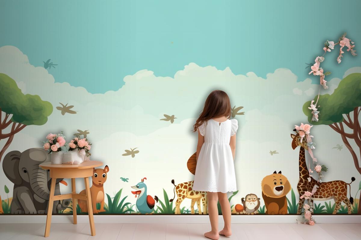 A Cartoon Of Giraffes And Giraffes In A Field With Animals Wallpaper Mural