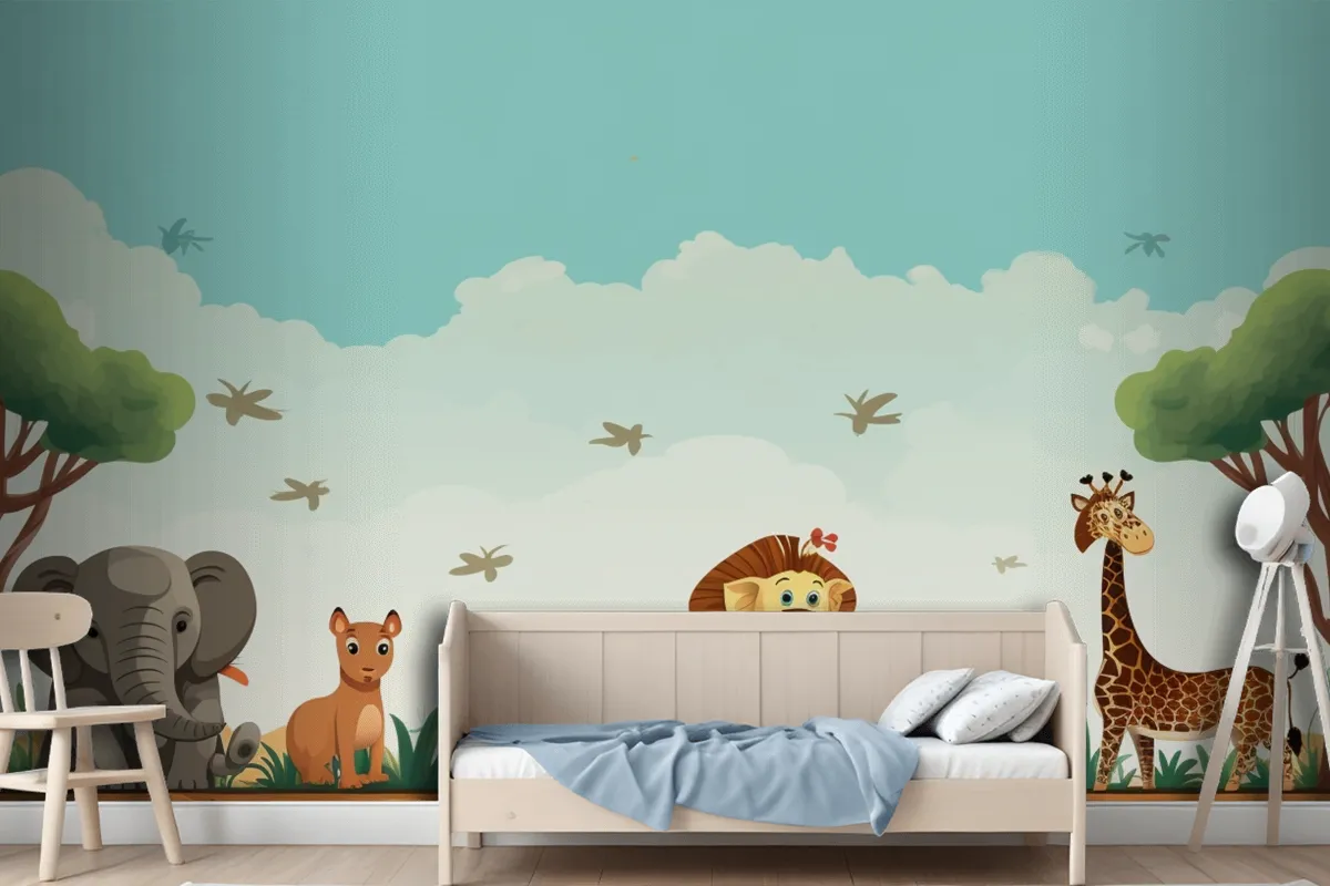 A Cartoon Of Giraffes And Giraffes In A Field With Animals Wallpaper Mural