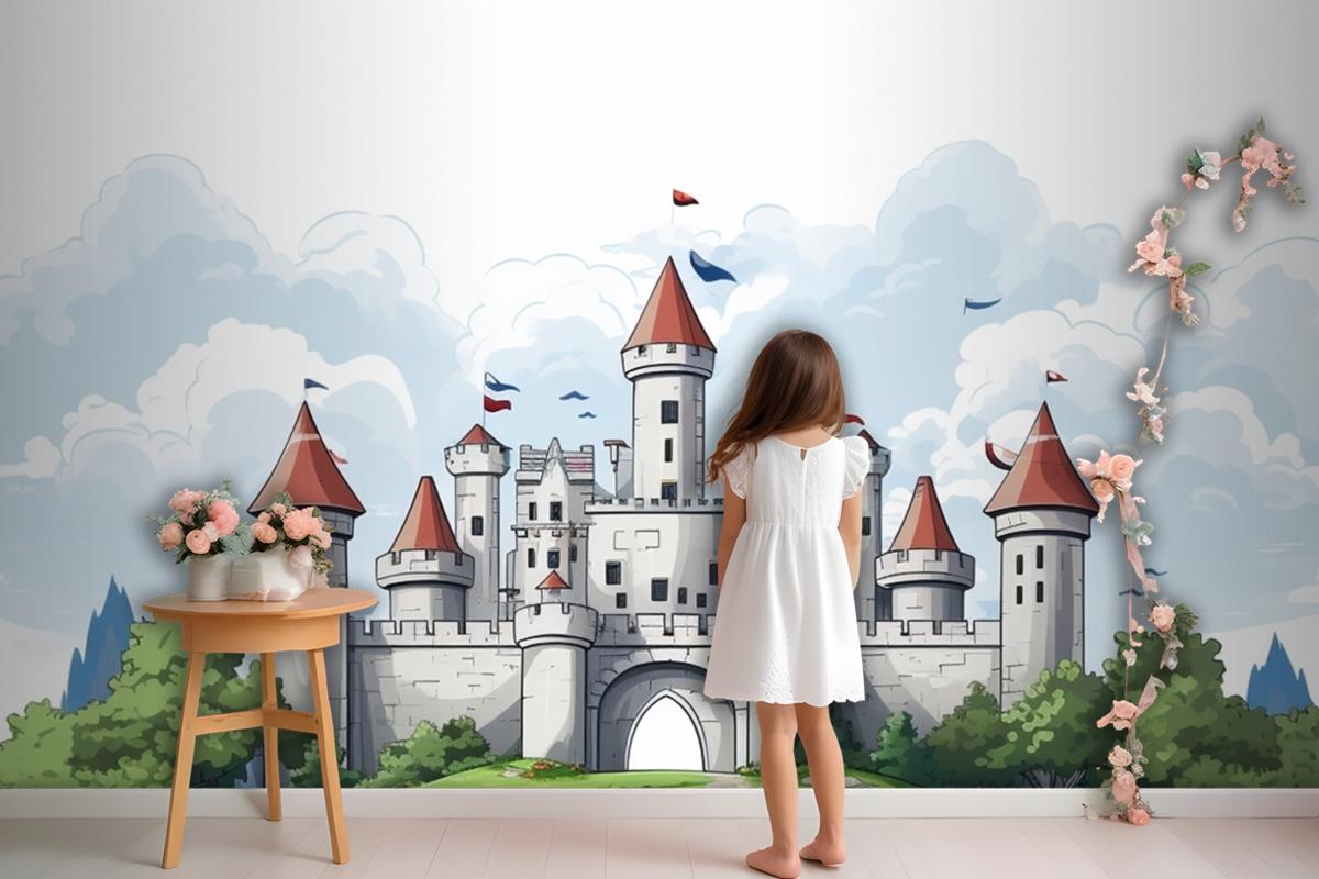 A Castle With A Flag On The Top Of It Wallpaper Mural