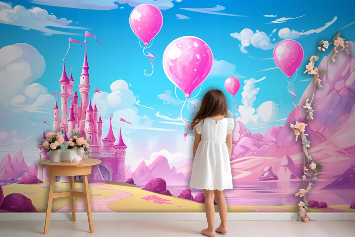 A Castle With Balloons And A Castle In The Background Wallpaper Mural