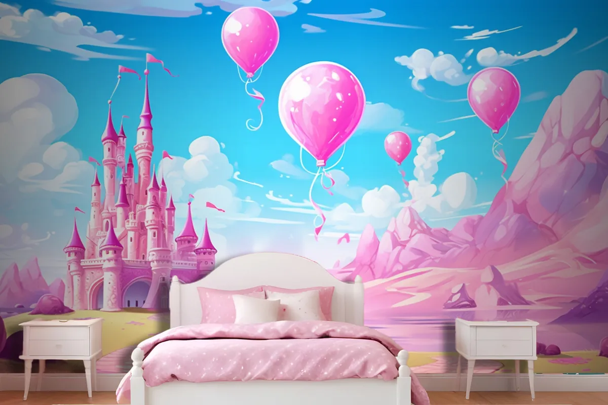 A Castle With Balloons And A Castle In The Background Wallpaper Mural