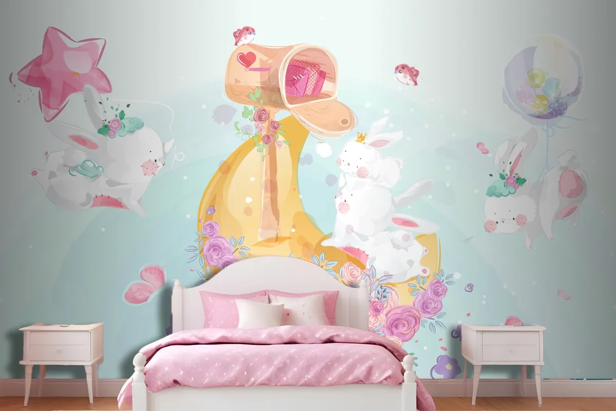 A Cute Little Rabbit In Colorful Watercolor Style Wallpaper Mural