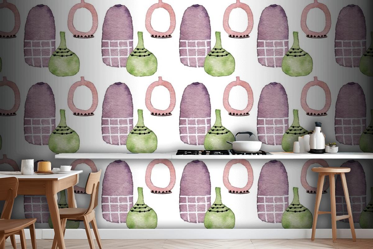 A Cute Modern Ceramic Flower Vase Watercolor Seamless Pattern Wallpaper Mural