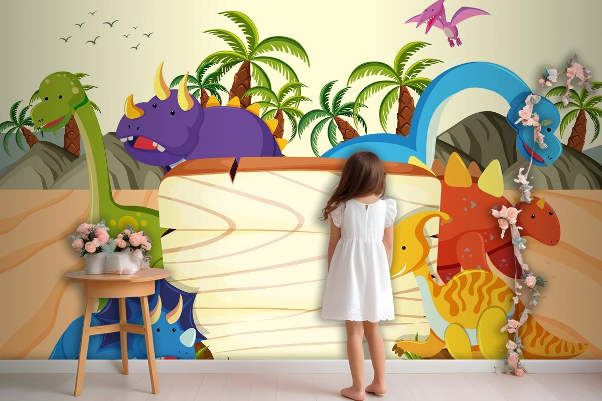 A Dinosaur Wooden Board Template Wallpaper Mural