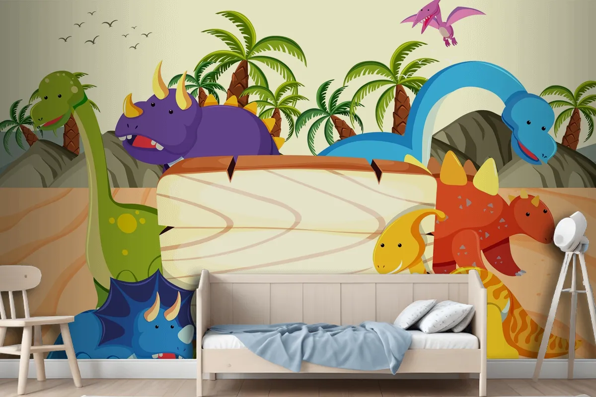 A Dinosaur Wooden Board Template Wallpaper Mural