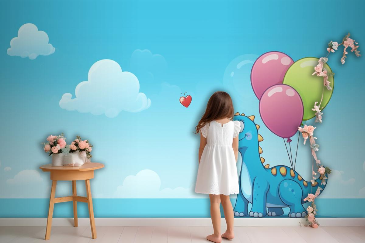 A Dragon With Balloons In The Sky And A Heart In The Wallpaper Mural