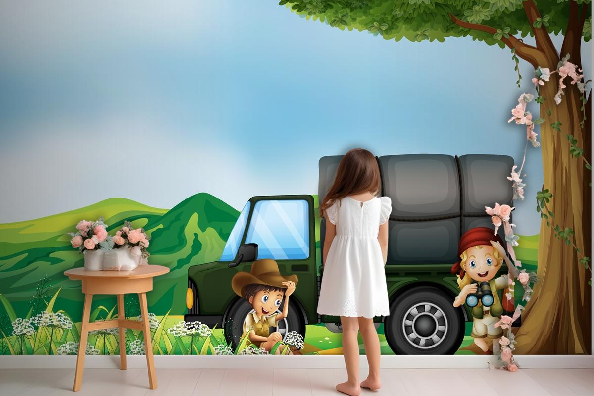 A Girl And A Boy Beside The Green Truck Wallpaper Mural