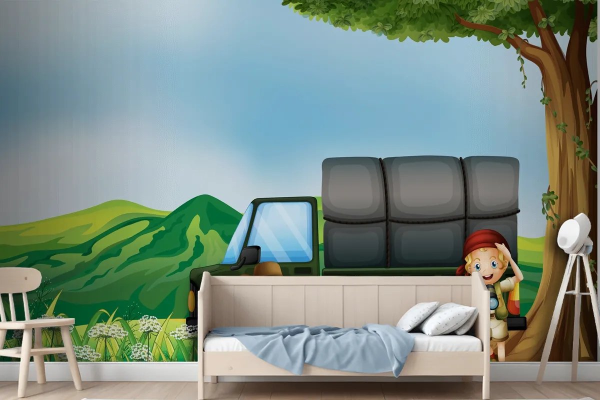 A Girl And A Boy Beside The Green Truck Wallpaper Mural