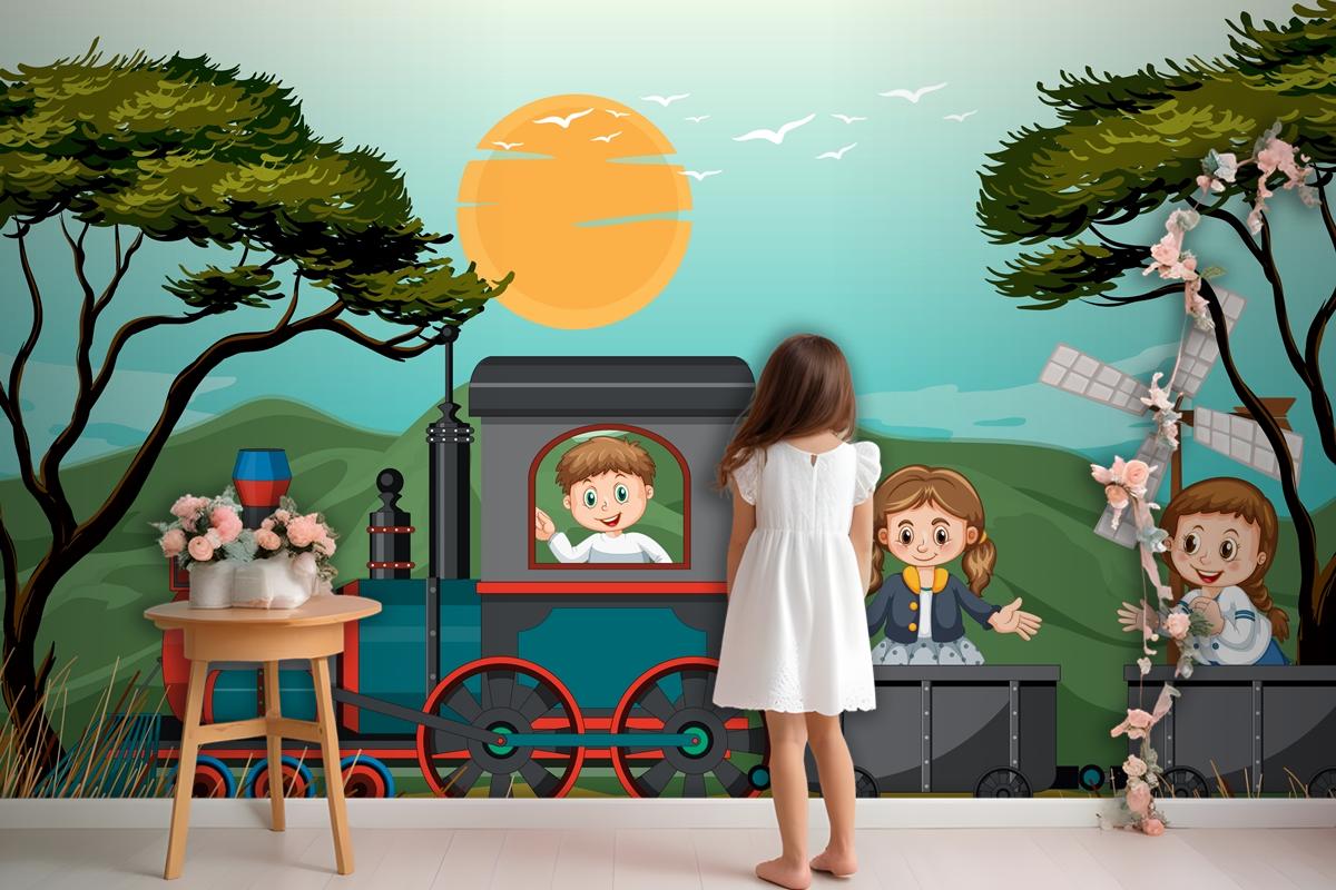 A Kids In A Train With Natural Scene Kids Wallpaper Mural