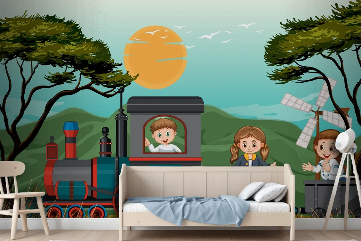 A Kids In A Train With Natural Scene Kids Wallpaper Mural