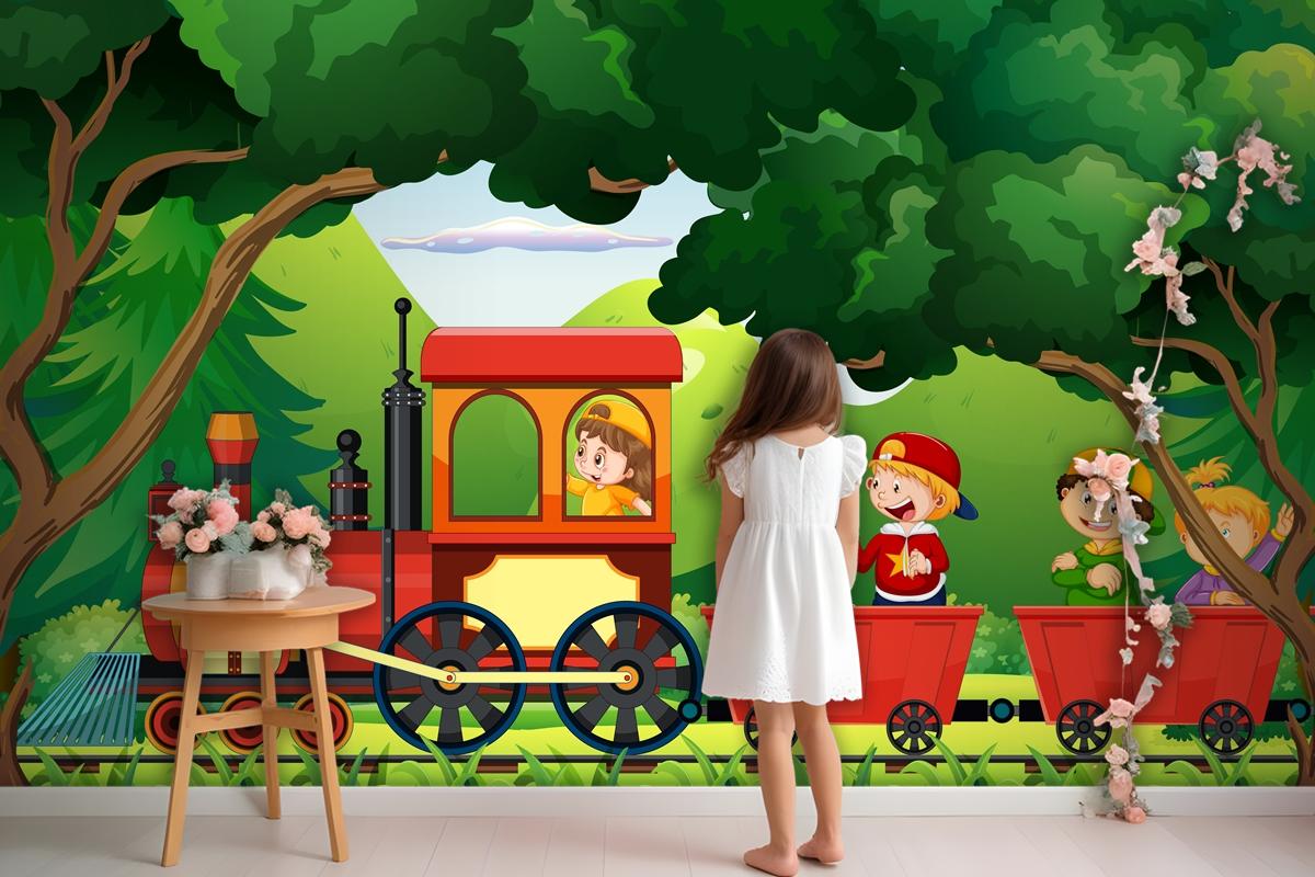 A Kids In A Train With Natural Scene Wallpaper Mural