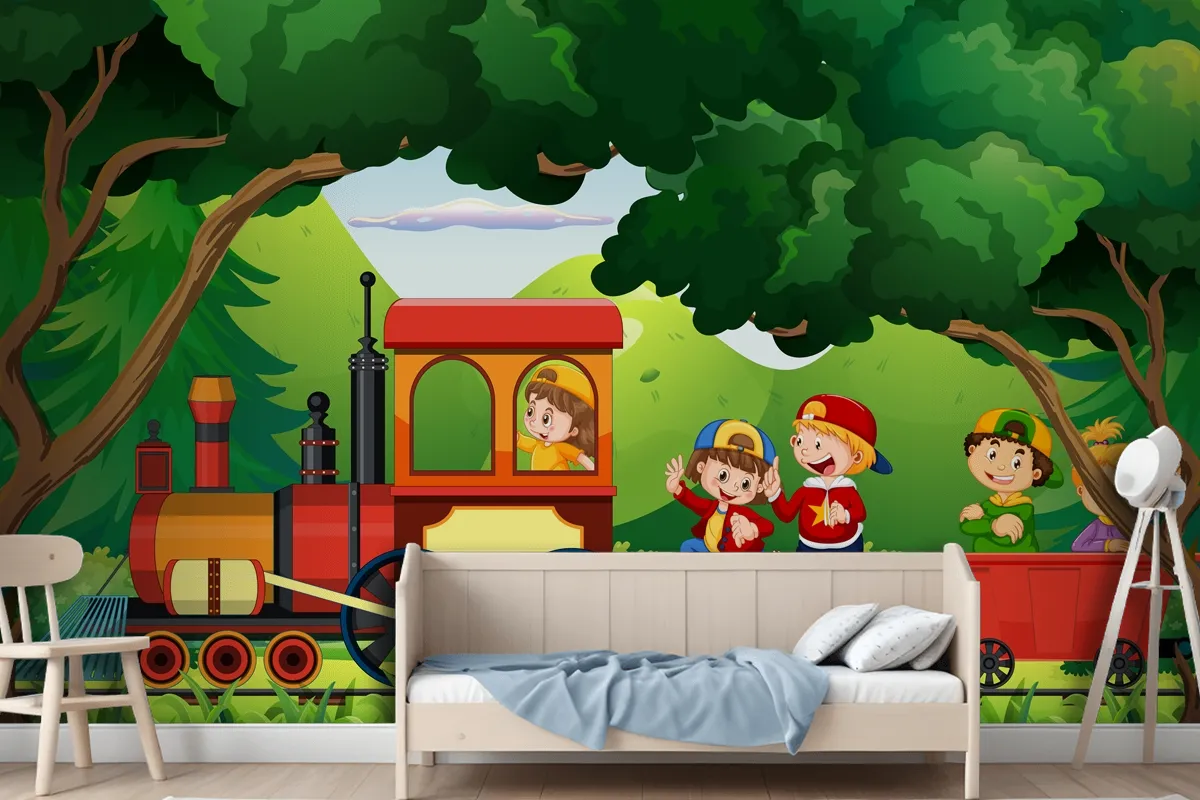 A Kids In A Train With Natural Scene Wallpaper Mural