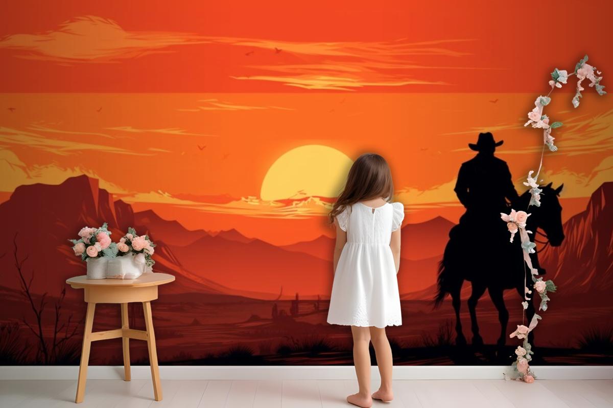 A Painting Of A Cowboy Riding A Horse In Front Of A Sunset Wallpaper Mural