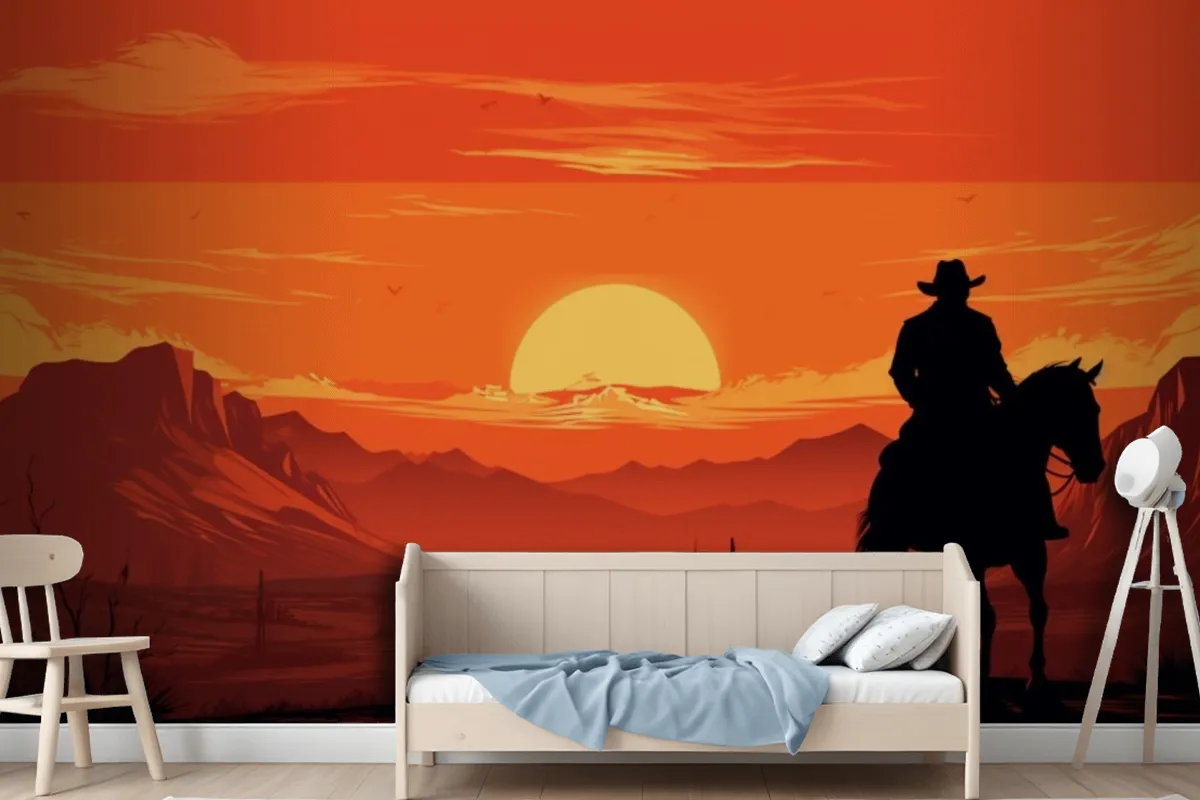 A Painting Of A Cowboy Riding A Horse In Front Of A Sunset Wallpaper Mural