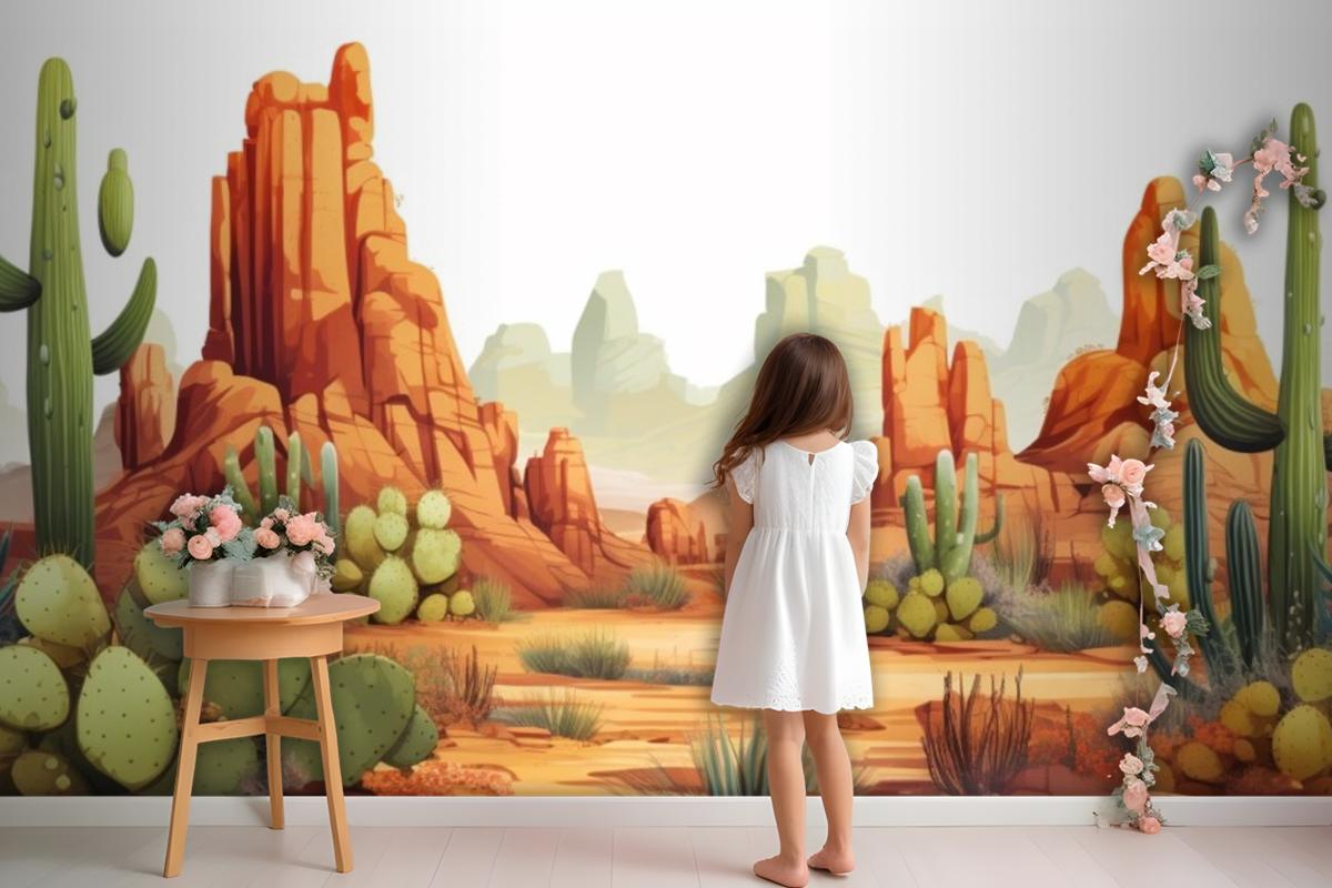 A Painting Of A Desert Landscape With Cactus And Desert Landscape Wallpaper Mural