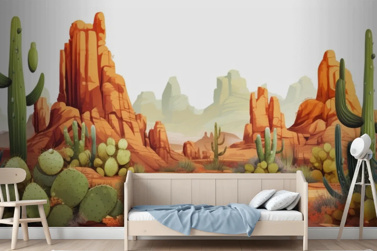 A Painting Of A Desert Landscape With Cactus And Desert Landscape Wallpaper Mural