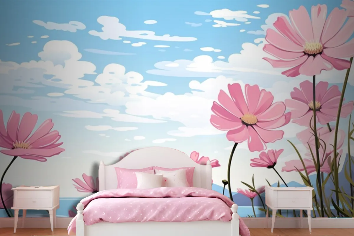 A Painting Of Pink Flowers In The Sky With The Words Daisies Wallpaper Mural