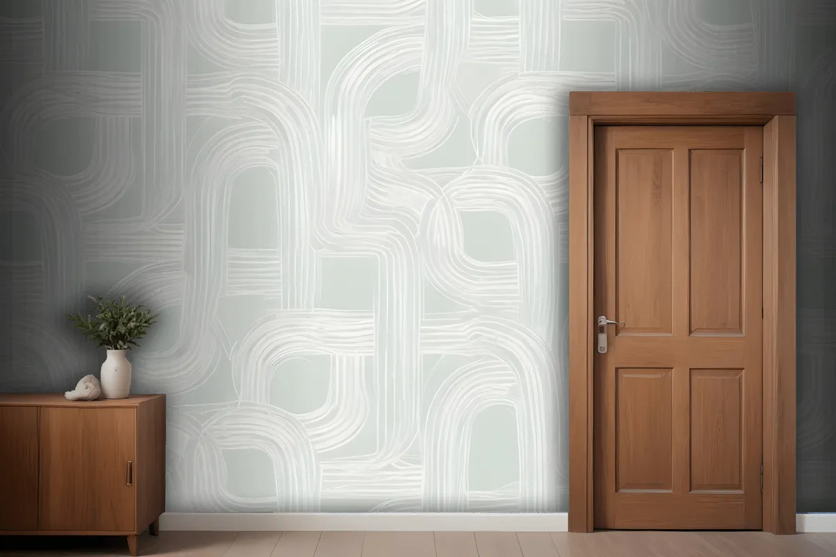 A Seamless Geometric Pattern With Interlocking Curved Shapes In Shades Of White And Light Green Wallpaper Mural