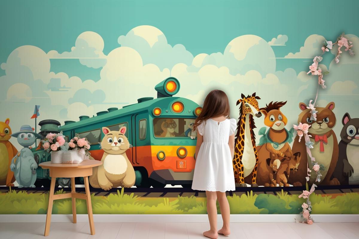 A Train With Animals On The Top And A Train With The Words Giraffes On The Front Wallpaper Mural