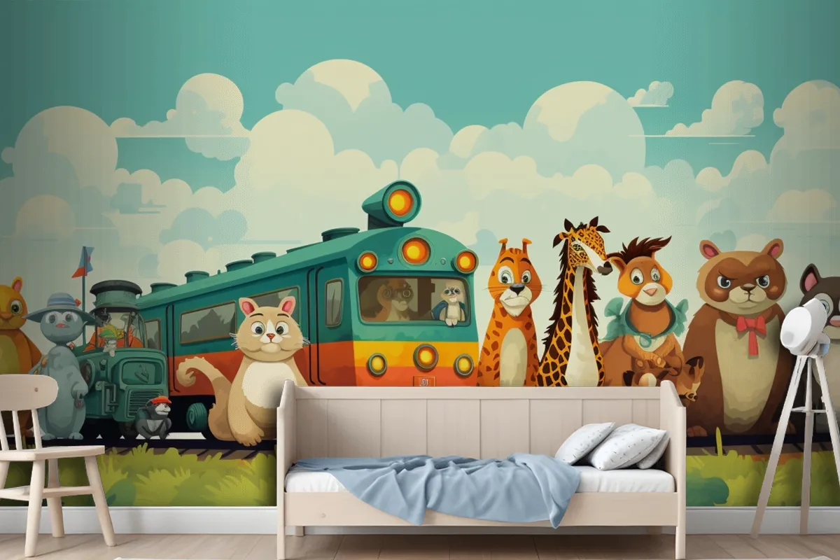 A Train With Animals On The Top And A Train With The Words Giraffes On The Front Wallpaper Mural