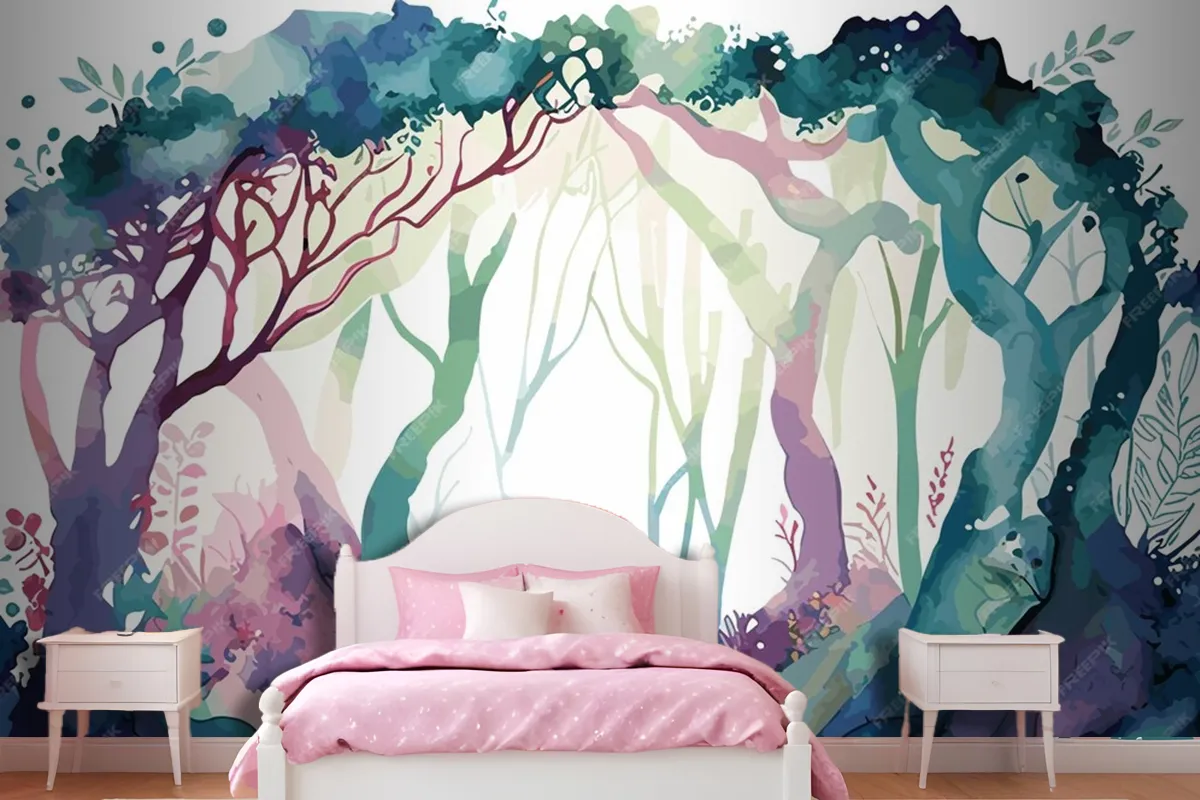 A Watercolor Painting Of A Forest With A Path Leading To It Wallpaper Mural