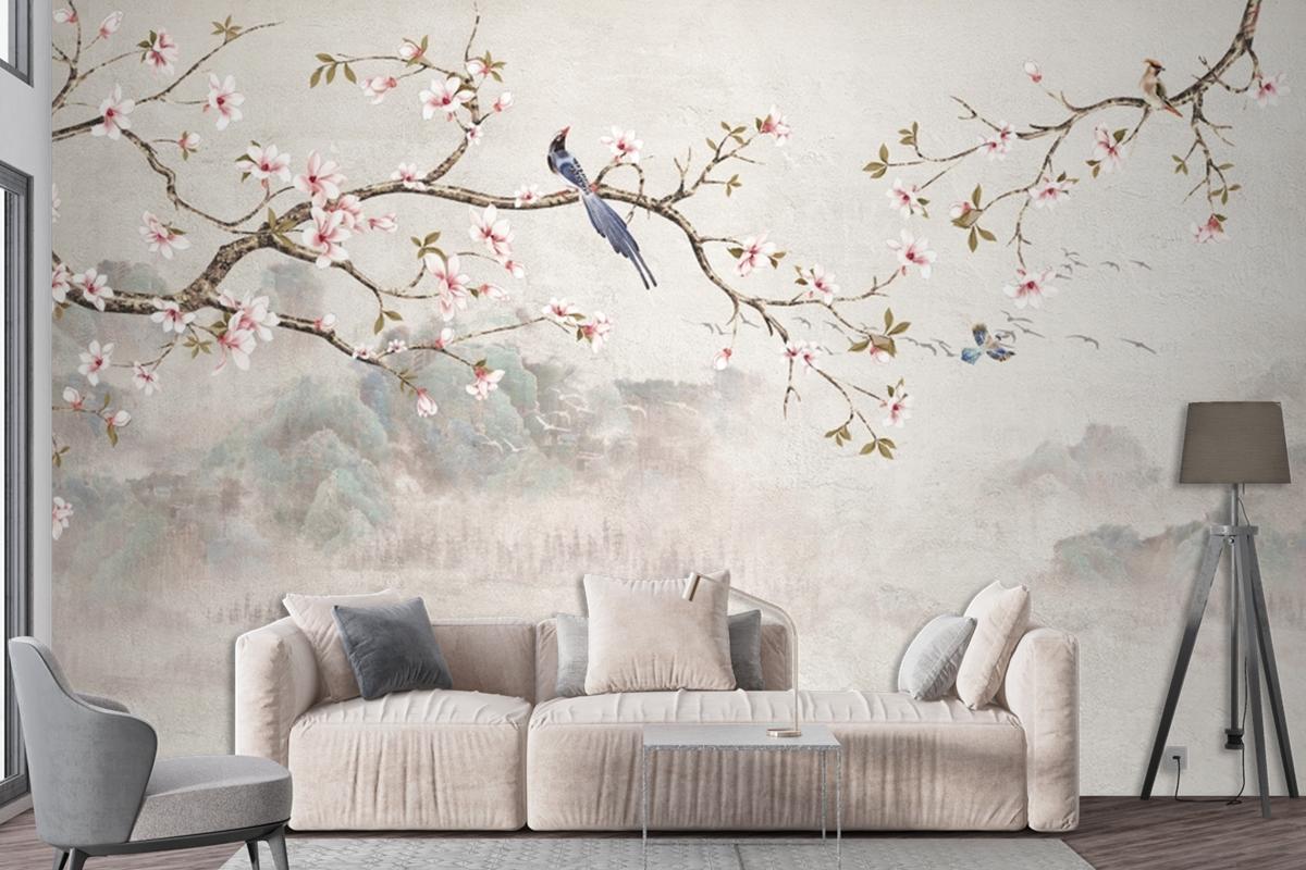 Chinoiserie With Cherry Blossom Flowers And Bird Wallpaper Mural