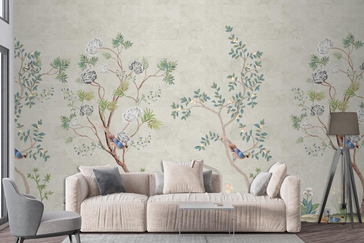 Spring Seamless Background Tree And Bird Chinoiserie Beautiful Wallpaper Mural