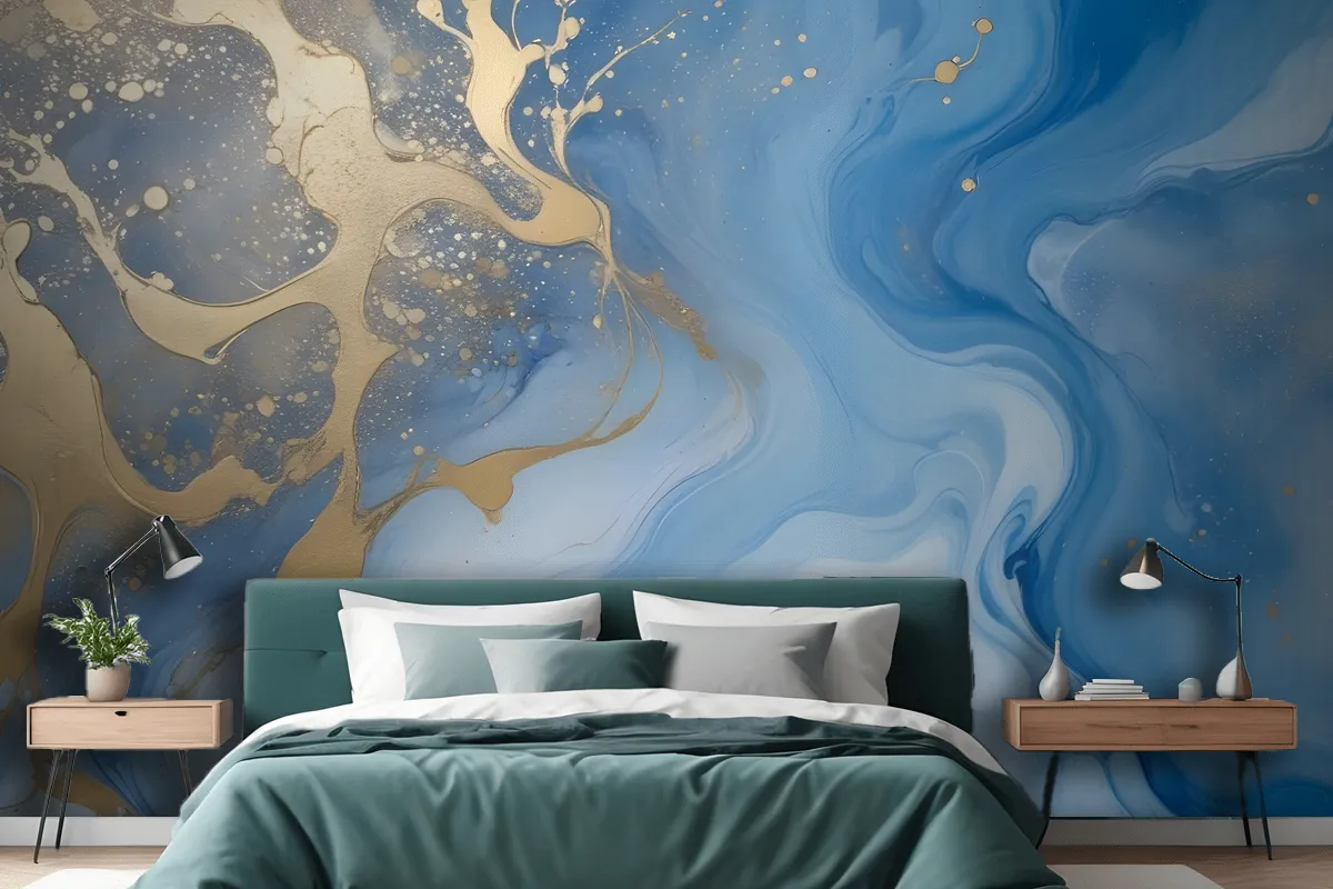 Abstract Blue And Gold Fluid Art Painting Bedroom Wallpaper Mural