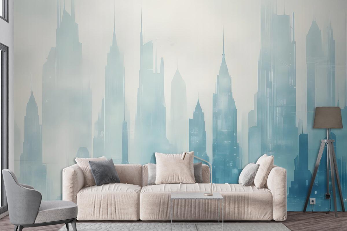 Abstract Blue Monochrome City Landscape Wallpaper Mural