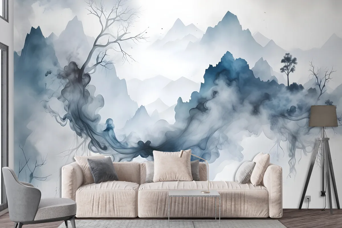 Abstract Colorful Smoke With Tree Wallpaper Mural