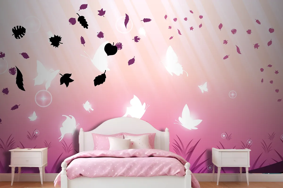 Abstract Dark Background With Butterflies Insects Glow Light Shine Flashes Wallpaper Mural