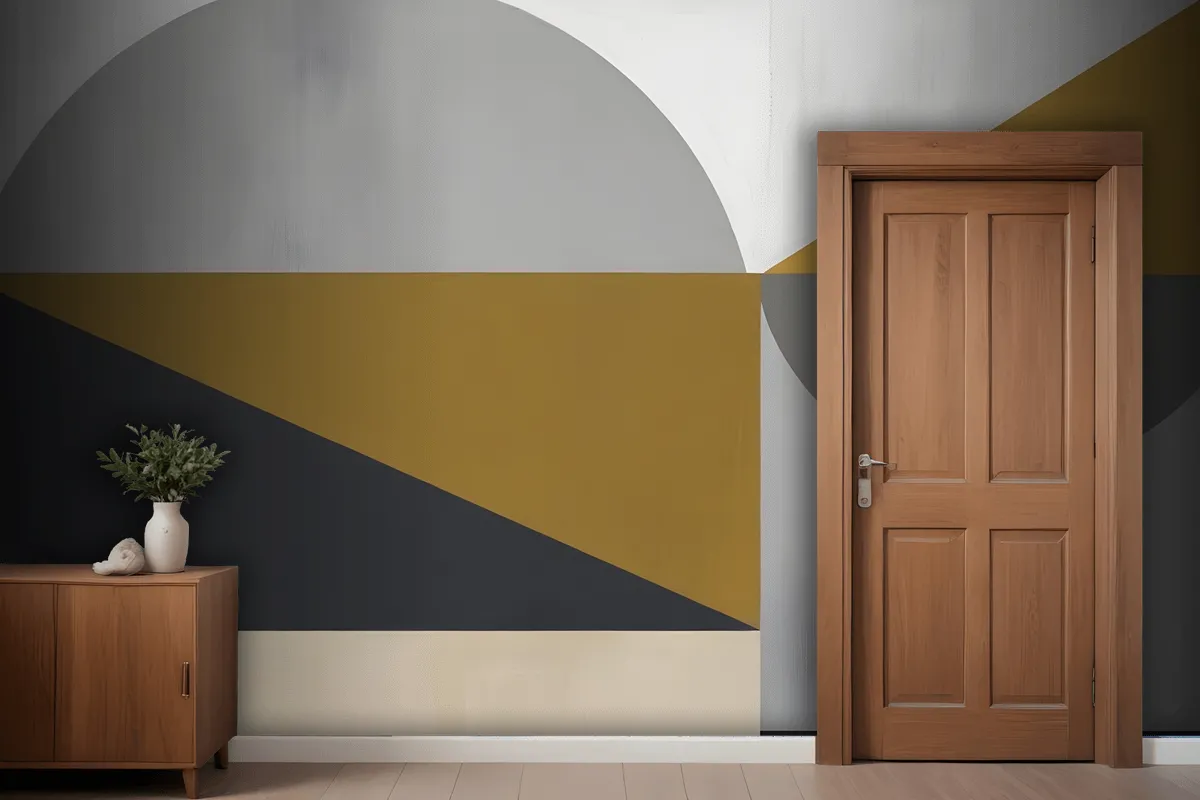 Abstract Geometric Shapes In Shades Of Gray Yellow And Black Wallpaper Mural