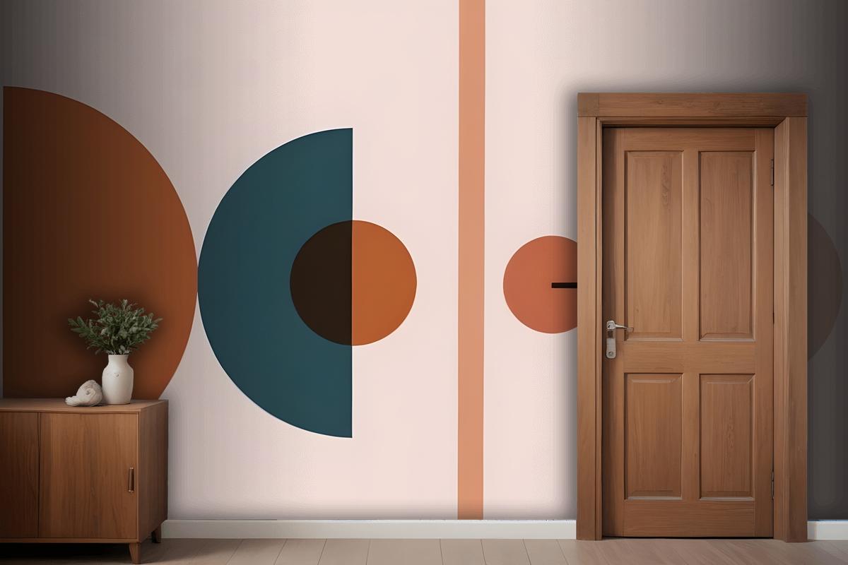 Abstract Geometric Shapes In Various Shades Of Blue Orange And Brown Against A Light Pink Wallpaper Mural