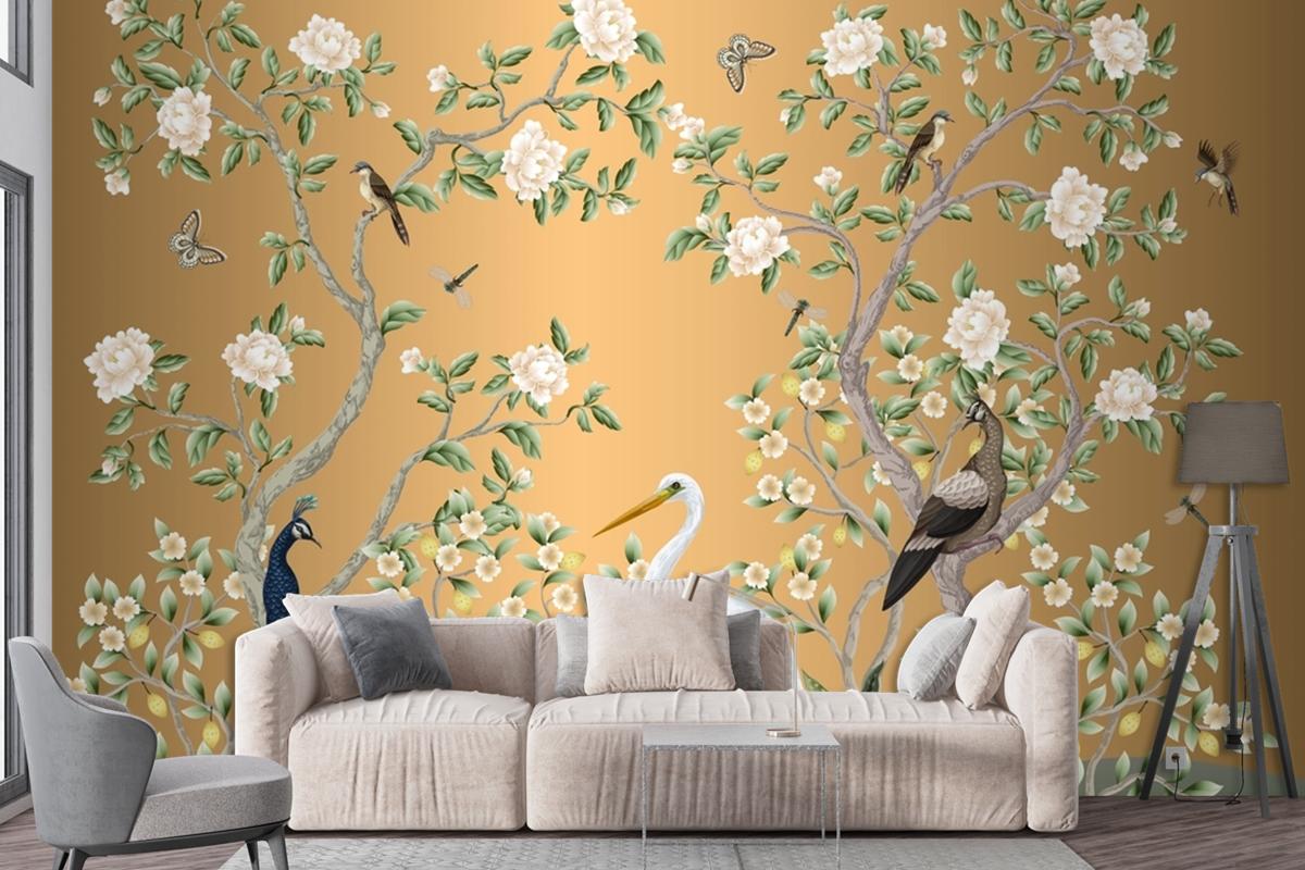 Chinoiserie Mural With Peacocks And Flowers Trees Wallpaper Mural