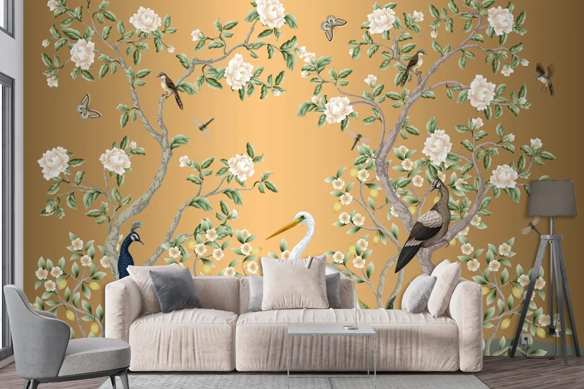 Chinoiserie Mural With Peacocks And Flowers Trees Wallpaper Mural