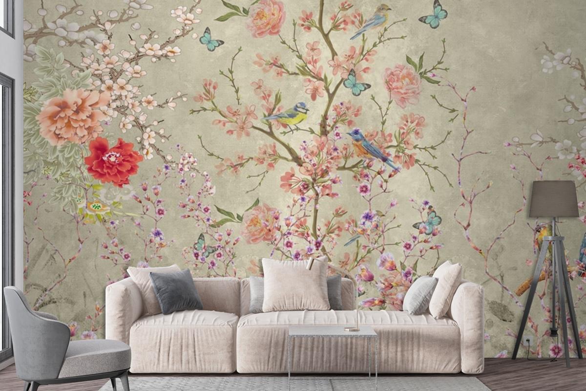 Whimsical Birds Blooms A Dance of Nature's Delicacy Wallpaper mural