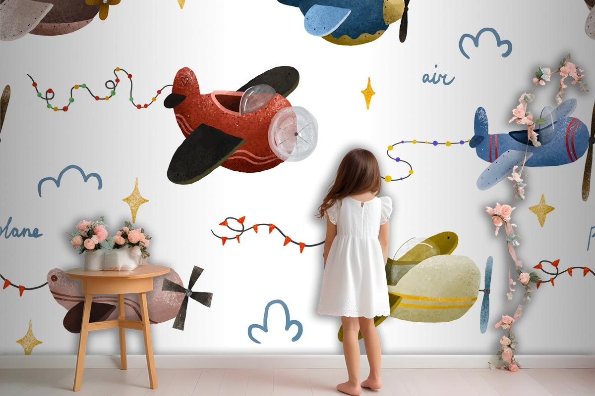 Aircraft And Clouds In Scandinavian Style Boy Wallpaper Mural