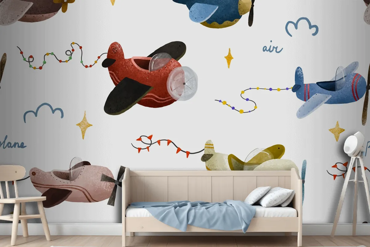 Aircraft And Clouds In Scandinavian Style Boy Wallpaper Mural