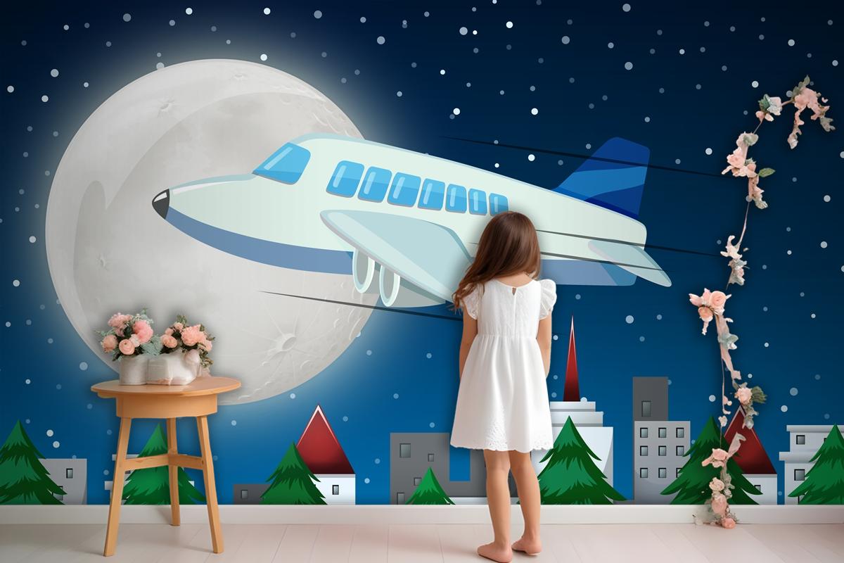 Airplane Flying Over Sky At Night Wallpaper Mural