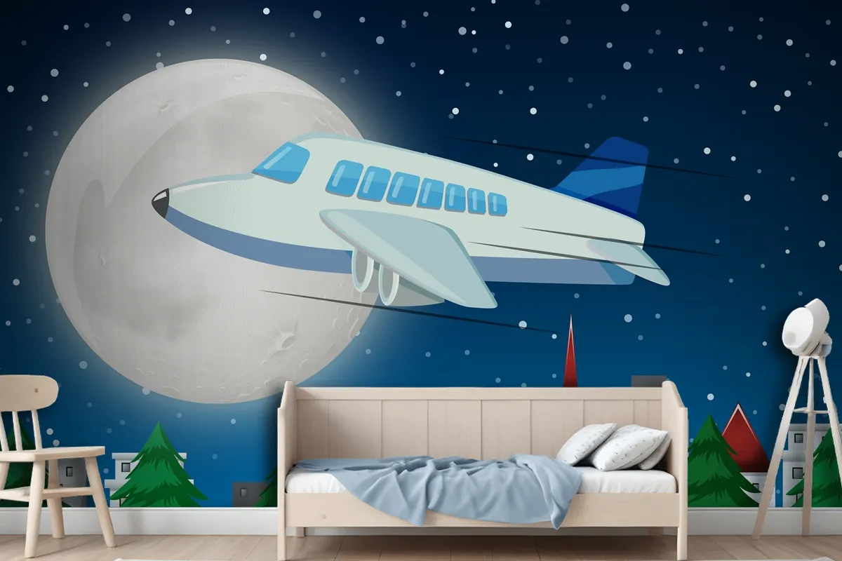 Airplane Flying Over Sky At Night Wallpaper Mural