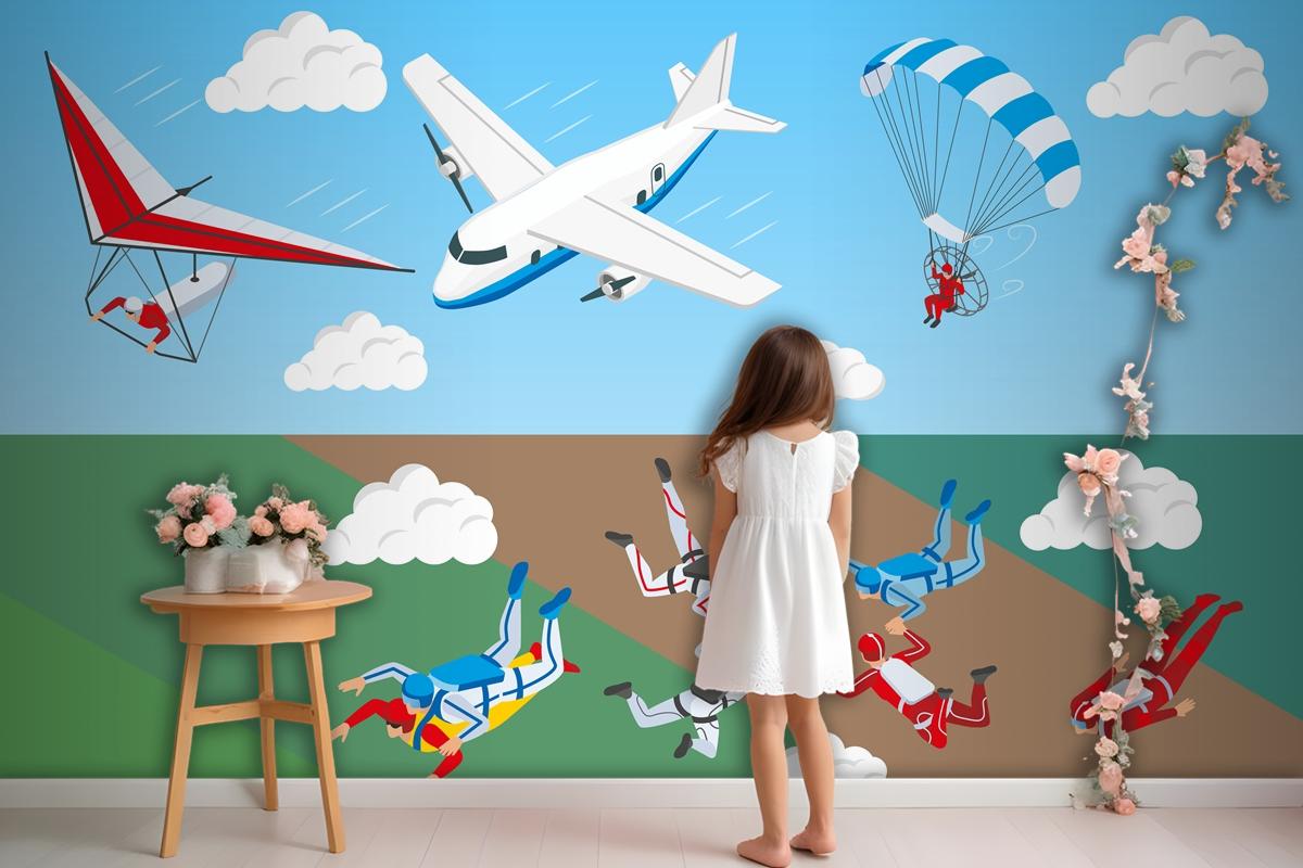 Airplane Hang Glider And Group Of People Skydiving In Sky Wallpaper Mural