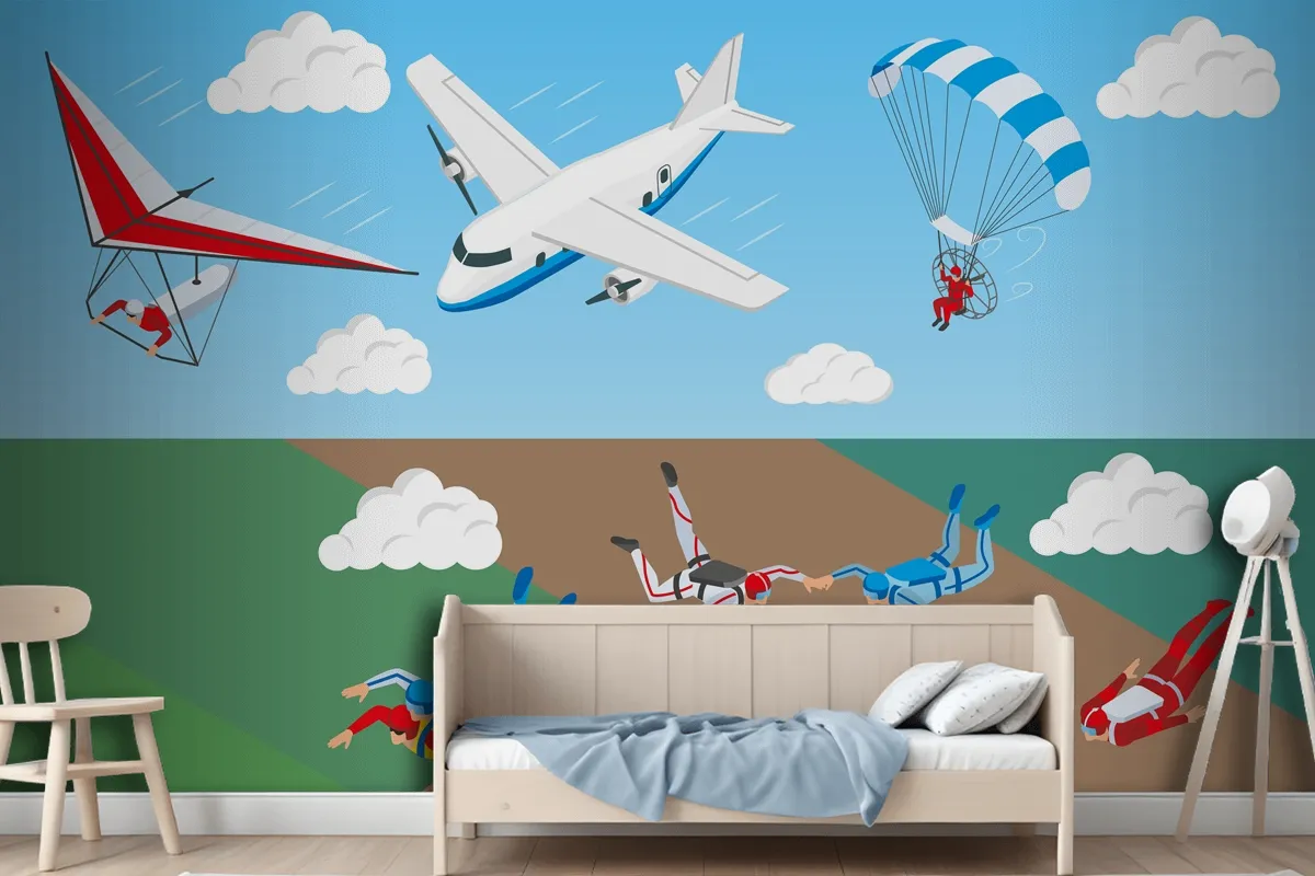 Airplane Hang Glider And Group Of People Skydiving In Sky Wallpaper Mural