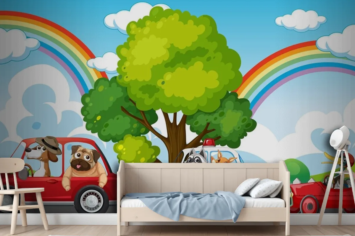 Animals Driving Different Cars Wallpaper Mural