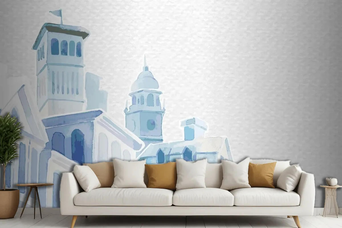 Architectural Mediterranean Buildings In Watercolor On White Paper Textured Living Room Wallpaper Mural